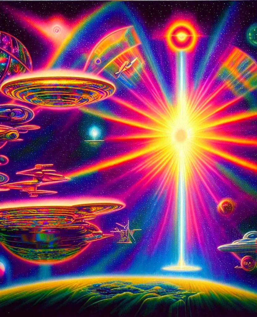 Image similar to a beautiful colorful iridescent holographic future for humanity, spiritual science, divinity, utopian, heaven on earth by david a. hardy, wpa, public works mural, socialist