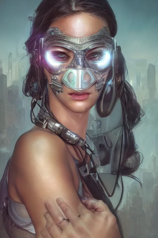 Image similar to ultra realistic illustration, dappled lighting, masked cyberpunk, closeup portrait shot, perfect lighting, hacknaut cyberpunk, sci - fi, fantasy, intricate, elegant, deviantart, highly detailed, digital painting, artstation, concept art, smooth, sharp focus, illustration, art by artgerm and greg rutkowski and alphonse mucha