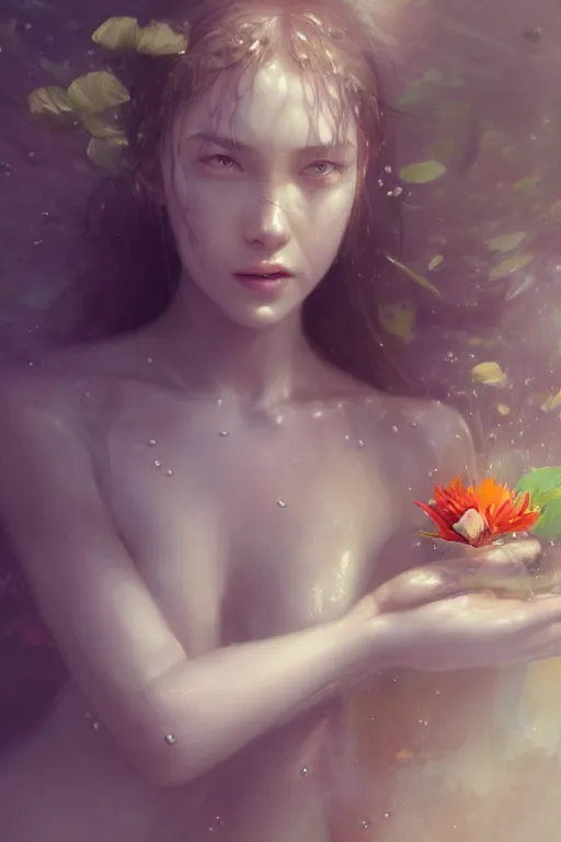 Image similar to face closeup a young beautiful girl nymph drowned in water, underwater photography, 3 d render, hyper realistic detailed portrait, holding magic flowers, ruan jia, wlop. scifi, fantasy, hyper detailed, octane render, concept art, by peter mohrbacher, by wlop, by ruan jia