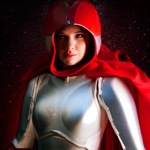 Image similar to headshot of an beautiful female soldier in glossy sleek white armor with tiny red details and a long red cape, downward angle, determined expression, on the surface of mars, night time, dramatic lighting, cinematic, sci-fi, hyperrealistic