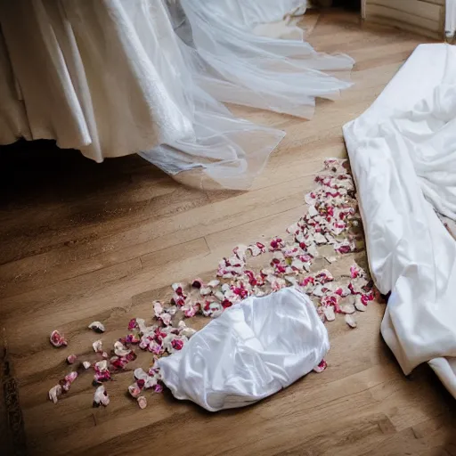 Image similar to a bedroom floor with a wedding dress discarded in a heap and a suit on the floor