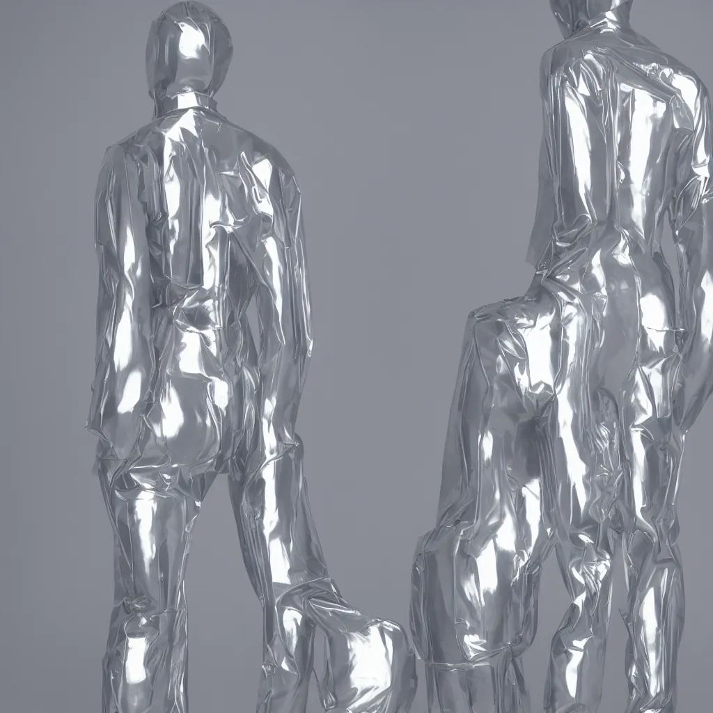 Image similar to a inflatable transparent human, chrome effect metallic