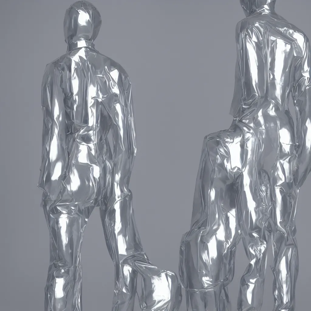 Prompt: a inflatable transparent human, chrome effect metallic