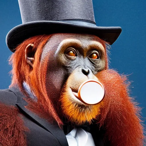 Image similar to professional portrait of an orangutan wearing a black suit a top hat and a monocle smoking a cigar in the Central Park Zoo, 8k, detailed