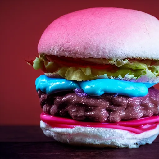 Image similar to a dramatic photo of a cotton candy burger. moody, melanchony.