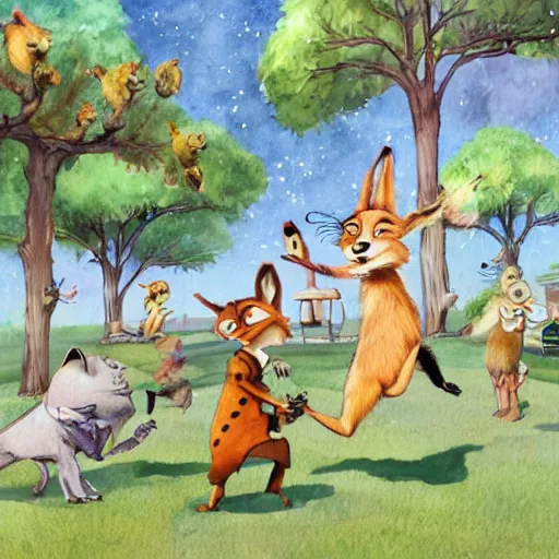 Prompt: Storybook illustration of anthropomorphic animal children playing in the park, watercolor style, Zootopia