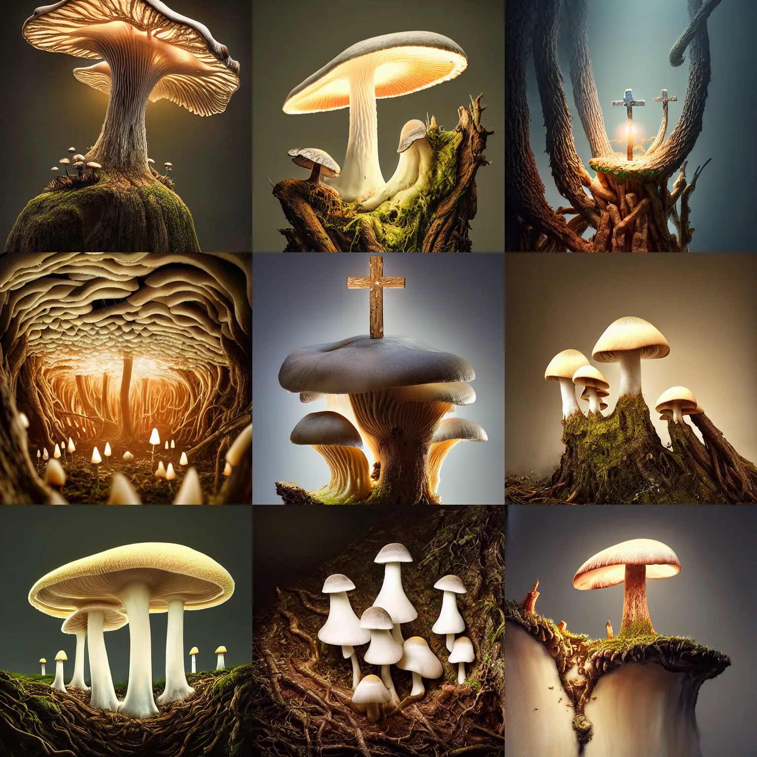 Prompt: a beautiful macro photography on a rotten stump is a small family of conical oyster mushrooms, conical oyster mushrooms suspiciously reaching for an dissected cross on the wall, hyper detailed, warm volumetric lights, made by gerald brom and mike winkelmann, photorealism