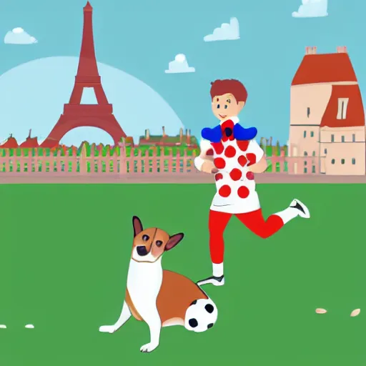 Image similar to illustration of french boy in paris playing football against a corgi, the corgi is wearing a polka dot scarf