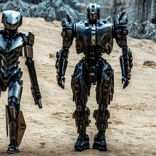 Image similar to cinematic still in westworld and real steel movie and pacific rim movie, one slim full body ornate armored core with sci - fi rifle arms by fujioka kenki and by mamoru nagano,