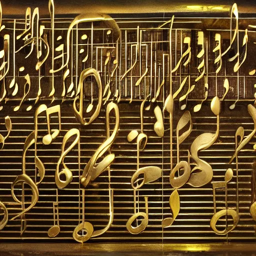 Image similar to a polished bronze sculpture of music notation, three quater notes, art installation, cinematic light, rain, 8 k, unreal render, reflections,