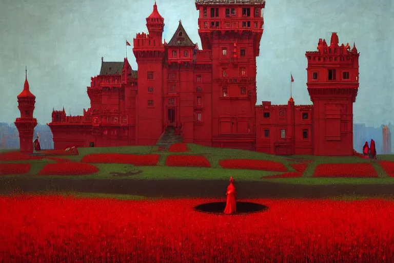 Image similar to only with red, red flowers of different types, red castle in background, red medieval goblins, in the style of beksinski, parts by edward hopper, parts by rodcenko, parts by yue minjun, intricate and epic composition, red by caravaggio, insanely quality, highly detailed, masterpiece, red light, artstation, 4 k