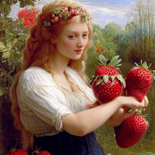 Image similar to A beautiful Blonde Woman with lushes Locks selling strawberries in the style of Sophie Anderson, Portrait