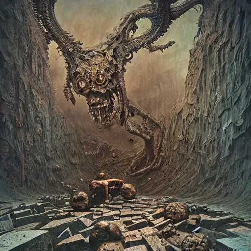 Image similar to an epic horrifying fantastic hyperdetailed 3 d matte painting photo taken with nikon d 7 5 0 an of a decaying eldritch creature partially covered with grafitti art by moebius by zdzisław beksinski by jakub rozalski by nekro