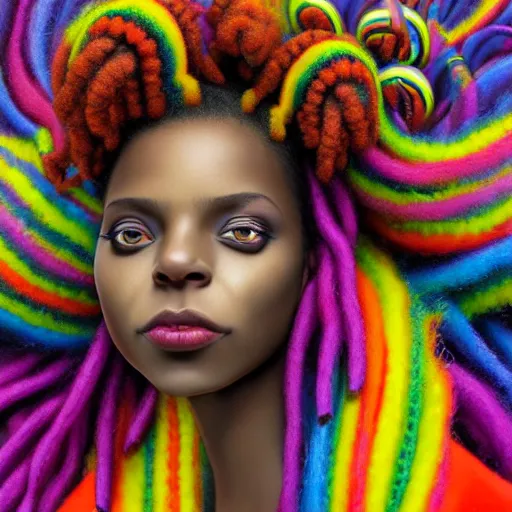 Image similar to a wide angle shot of a black girl with colorful dreadlocks in a field of candy, by Adi granov and afarin sajedi and amanda sage and evgeni gordiets and Agostino Arrivabene and adonna khare in a psychedelic portrait style, ultrarealistic matte painting, volumetric lighting, fractal, extremely symmetrical, highly detailed face, orisha, 8k, hd