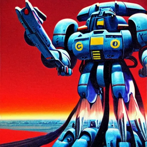 Image similar to gouf mobile suit armed with scifi weapons by chesley bonestell, karel thole, carole feuerman, bandai box art. realistic, trending on artstation