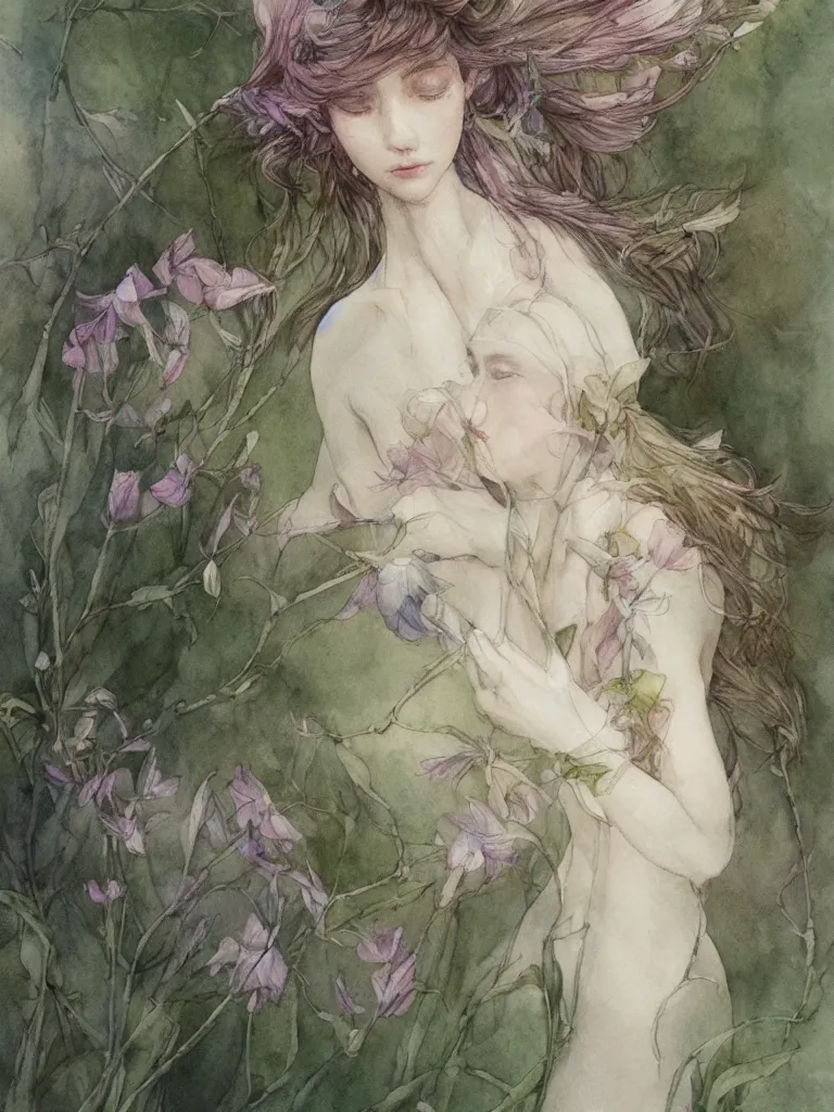 Image similar to study of a flower fairy, illustration, watercolor, alan lee, detailed, pretty, ethereal, realistic, artstation,