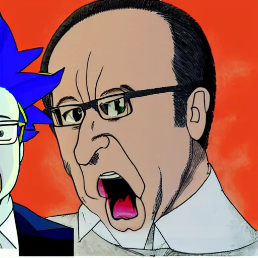 Image similar to François hollande transforming into super saiyan, drew by akira toryama