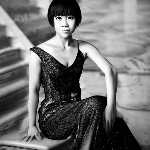 Image similar to like dust, magic gathers in overlooked places, photorealistic portrait of yuja wang. absolutely stunning!, sitting on the stairs to a palace, beautiful omnipotent goddess, symmetrical perfect face, porcelain skin, ultra - detailed, digital art, unreal engine 5, 8 k