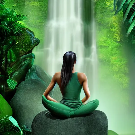 Prompt: a long green ponytail girl meditating on a rock in front of a waterfall, beautiful face, pretty face, digital art, hyper detailed, serene, jungle aesthetic