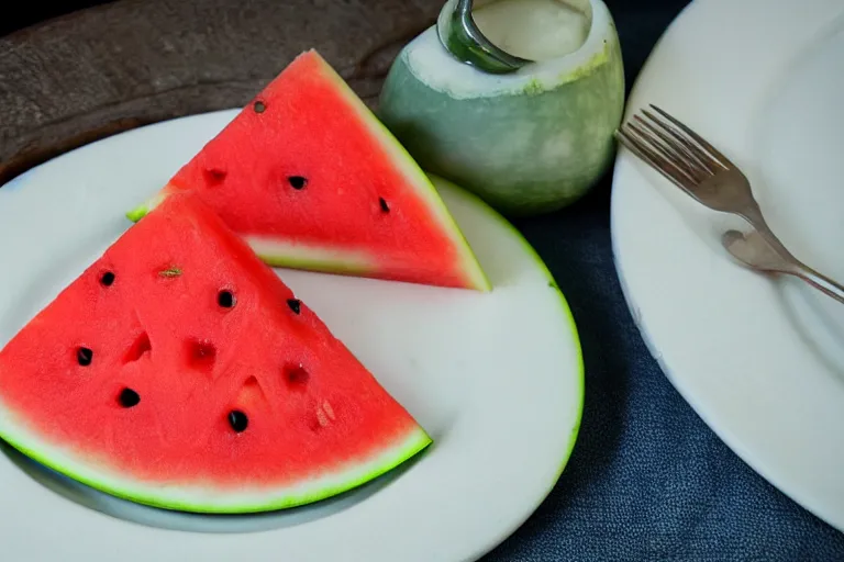 Prompt: watermelon and swiss cheese aspic, food photography,