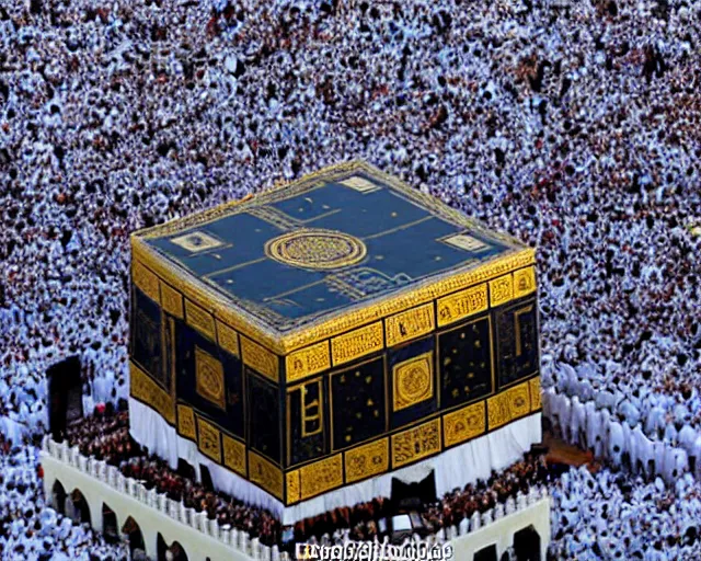 Image similar to The Kaaba (Arabic: ٱلْكَعْبَة, romanized: al-Kaʿbah, lit. 'The Cube', Arabic pronunciation: [kaʕ.bah]), also spelled Ka'bah or Kabah, sometimes referred to as al-Kaʿbah al-Musharrafah (Arabic: ٱلْكَعْبَة ٱلْمُشَرَّفَة, romanized: al-Kaʿbah al-Musharrafah, lit. 'Honored Ka'bah'), is a building at the center of Islam's most important mosque, the Masjid al-Haram in Mecca, Saudi Arabia.[1][2] It is the most sacred site in Islam.[3] It is considered by Muslims to be the Bayt Allah (Arabic: بَيْت ٱللَّٰه, lit. 'House of God') and is the qibla (Arabic: قِبْلَة, direction of prayer) for Muslims around the world when performing salah.