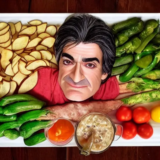 Prompt: a detailed faced mehmet oz is laying down, sprawled out, legs spread, on an oversized veggie tray that also has chips and salsa, soft lighting, highly detailed face!!!!!!!!!!!!!!, sharp focus, artstation, sophie anderson, arnold armitage, loish,