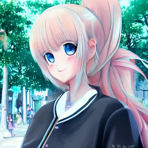 Image similar to blonde - haired princess, anime princess, wearing black jacket and white leggings, looking through crowd, town street, festival street, trees, green trees, blue lighting, blue sunshine, strong lighting, strong shadows, vivid hues, ultra - realistic, sharp details, subsurface scattering, intricate details, hd anime, 2 0 1 9 anime