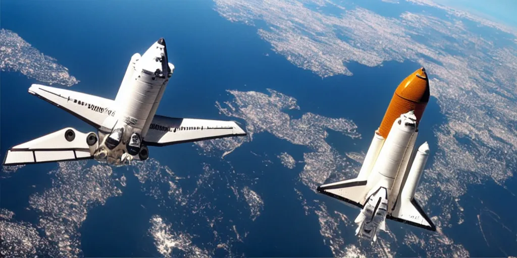 Prompt: “a photo of a NASA space shuttle flying in space with the earth visible in the background”