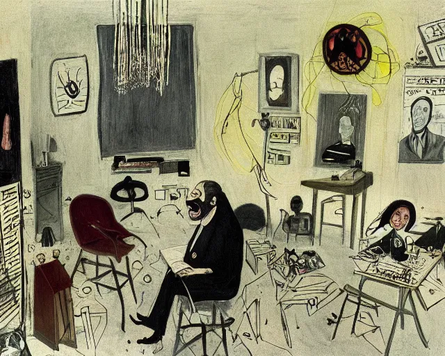 Image similar to the horror of beaurocracy, papers, horror, desks, office, waiting, stress, frustration, anger, crowded, harsh cinematic lighting, high qulity, 4 k, by charles addams and hilma af klint and affandi