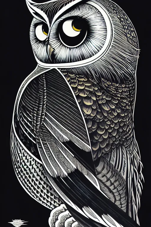 Image similar to side view of a majestic owl, high details, bold line art, by vincent di fate and joe fenton, inking, etching, screen print, masterpiece, trending on artstation, sharp, high contrast, hyper - detailed,, hd, 4 k, 8 k