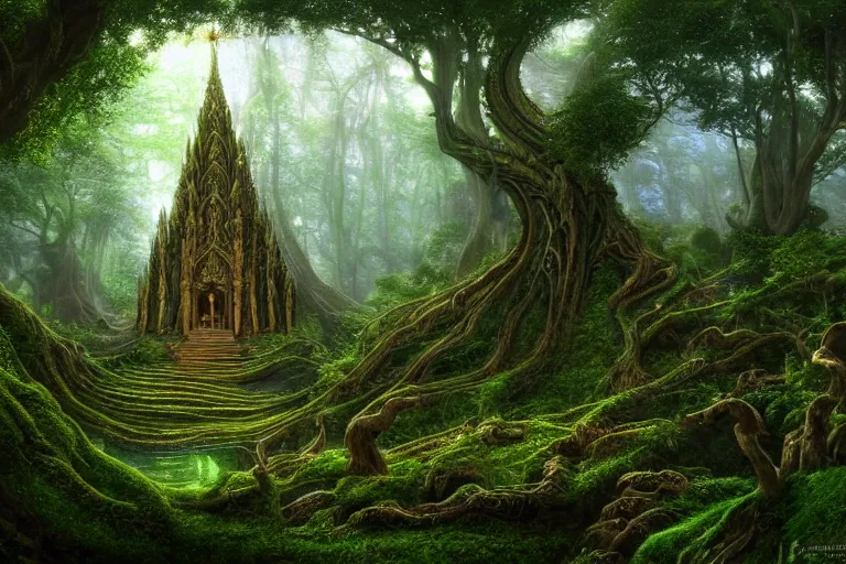 Image similar to a beautiful and highly detailed digital painting of a sacred elven tree temple in a valley in a lush forest in the misty mountains, psychedelic, celtic, intricate details, epic scale, insanely complex, 8 k, sharp focus, photorealism, artstation, cgsociety, by caspar friedrich, albert bierstadt, james gurney, brian froud,