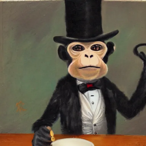 Image similar to a monkey wearing a monocle and a top hat drinking tea, brush strokes, oil painting