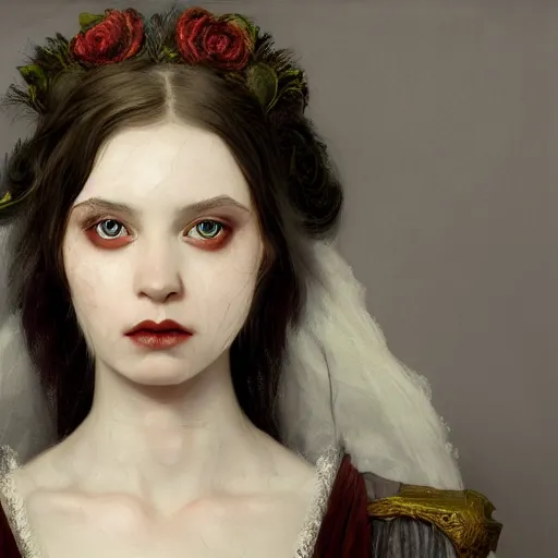 Prompt: portrait of a young vampire princess, head only, realistic eyes, realistic face, headshot, white hair, pale skin, 4k, rule of thirds, extreme detail, intricate illustration, trending artstation, cgsociety, hd, fantasy, realistic lighting, by Albert Bierstadt, Frederic Edwin Church.