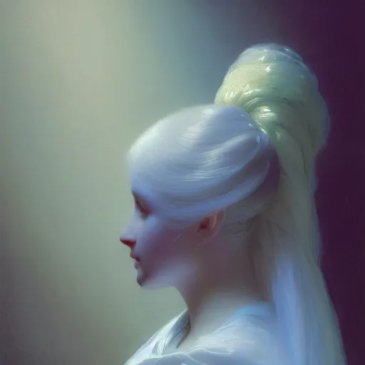 Prompt: a young woman's face, her hair is white and she wears an indigo satin cloak, by ivan aivazovsky and syd mead and moebius and gaston bussiere and roger dean and pieter claesz and paul delaroche and alma tadema and aelbert cuyp and willem claesz, hyperrealistic, volumetric light, octane render