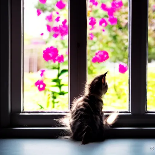 Image similar to medium - shot view from the back of a backlit maine coon kitten gazing out a sunny window on a warm day and watching the flowers. 3 5 mm, f / 1 1. 0, is 1 0 0