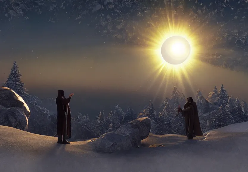 Prompt: fully photorealistic eclipse at sunrise on snowy mountaintop, distant glowing figures, masterpiece composition, art by john collier, albert aublet, artem demura, alphonse mucha, sharper luminescent focus, nd 6, hdr, movie still, cinematic diffuse lighting, artstation, textless, sharp focus