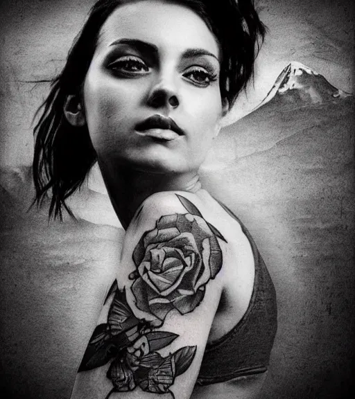 Image similar to tattoo design sketch of an extremely beautiful woman face next to a faded background of beautiful mountains on her side, hyper - realistic, double exposure effect, in the style of matteo pasqualin, amazing detail, black and white, faded