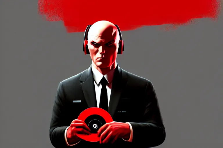 Image similar to a portrait of agent 4 7 from hitman wearing headphones and putting a vinyl record onto a turntable, dark background, red rim light, digital art, artstation, concept art by giger stalenhag