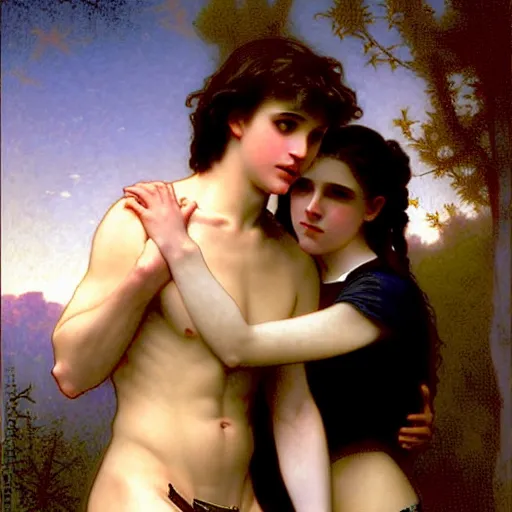 Image similar to twilight version of stranger things, portrait of edward and bella by william - adolphe bouguereau in the style of gaston bussiere, art nouveau