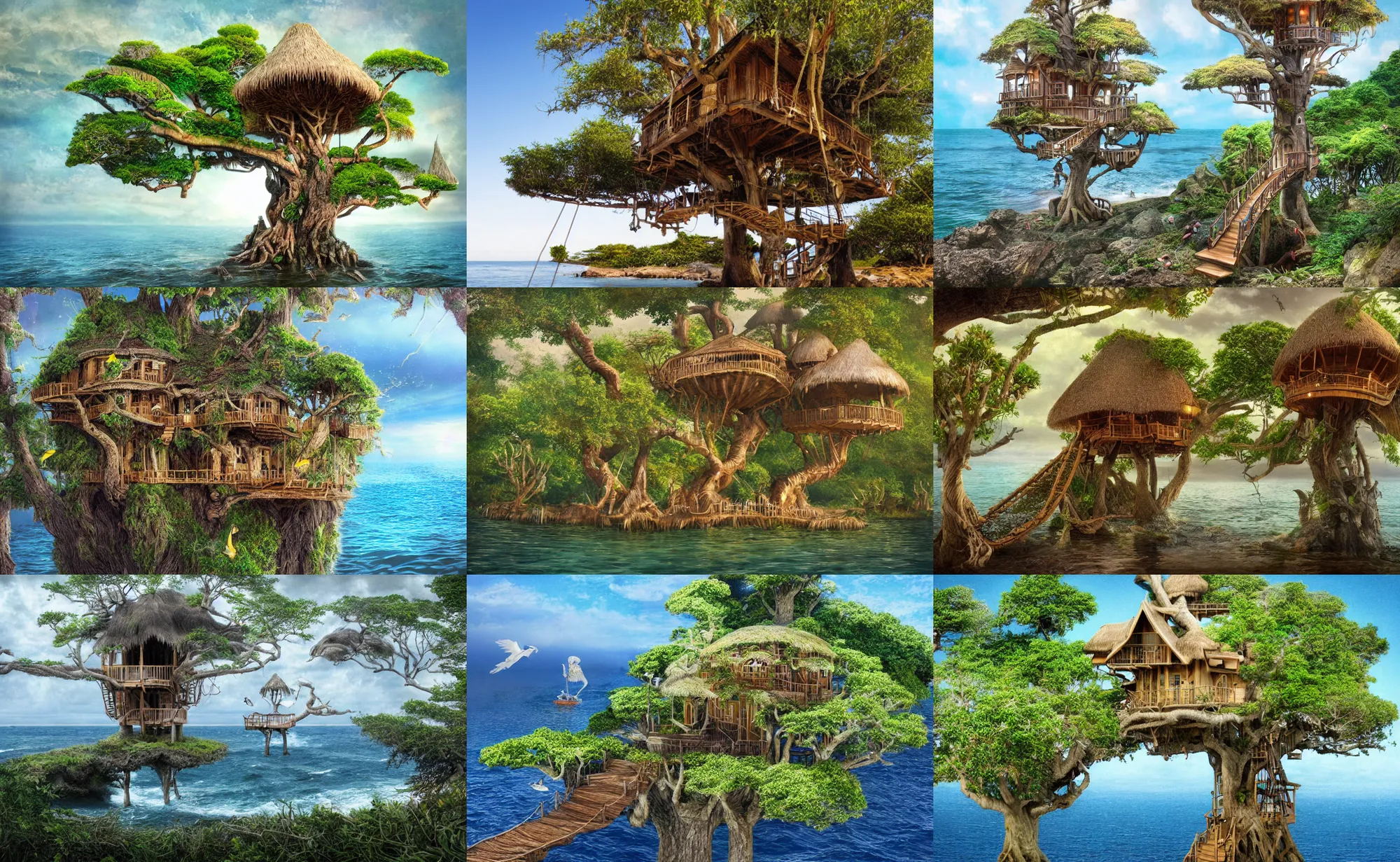 Prompt: highly realistic and intricately detailed photograph of a mystical island treehouse on the ocean