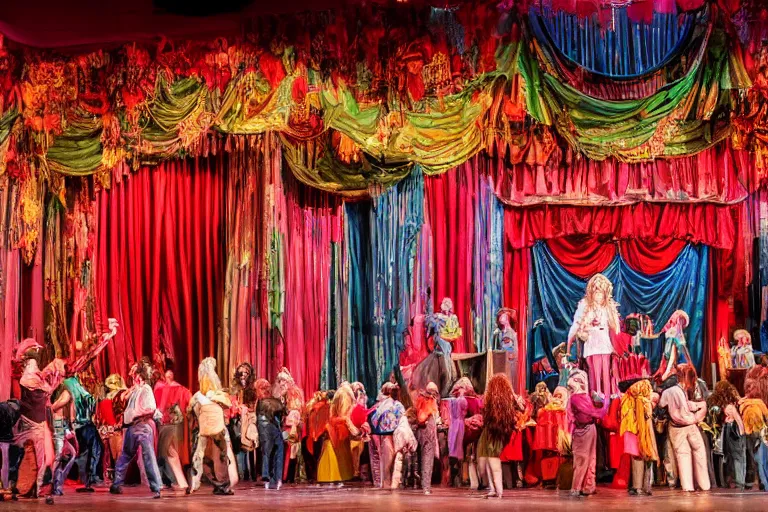 Image similar to photo of a huge theaterstage, stage is decorated as 7 0 ties kitchen and living room, theater curtains are red, 3 actors in hippy costumes with big wigs standing on stage singing, 8 k, multicolored, exaggerated detailed, long shot