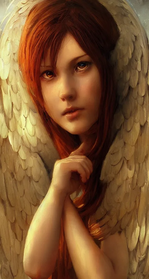 Prompt: classical oil painting of an angel by marc simonetti, beautiful anime portrait, official artwork, stylistic, brush strokes, oil, canvas