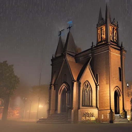 Image similar to victorian church in the middle of the city, dark, misty, at night, 8 k, detailed, concept art, trending on artstation