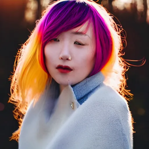 Image similar to of 85mm woman with rainbow hair staring at snow side angle golden sunlight hitting face