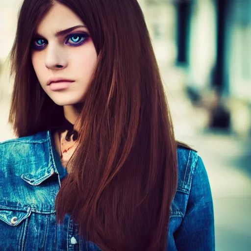 Image similar to fashion model long brown hair fix blue eyes looking into lens heavy bokeh modern fashion look