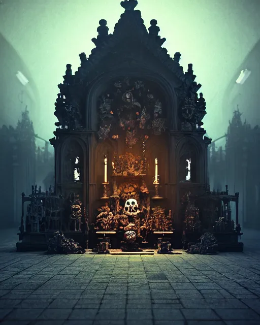 Image similar to full color, low ultrawide interior shot of sedlec ossuary, bones, anime style mixed with fujifilm, dark, foggy, atmospheric, artstation, cgsociety, octane render, cgi, denoise, detailed, cinematic masterpiece