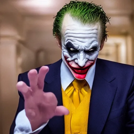 Prompt: donald trump as the joker movie still, hyper realistic