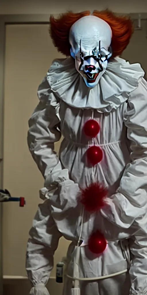 Image similar to a photograph of pennywise dressed as a doctor in a hospital, terror movie, movie still, cinematic, filmic, dramatic, volumetric light