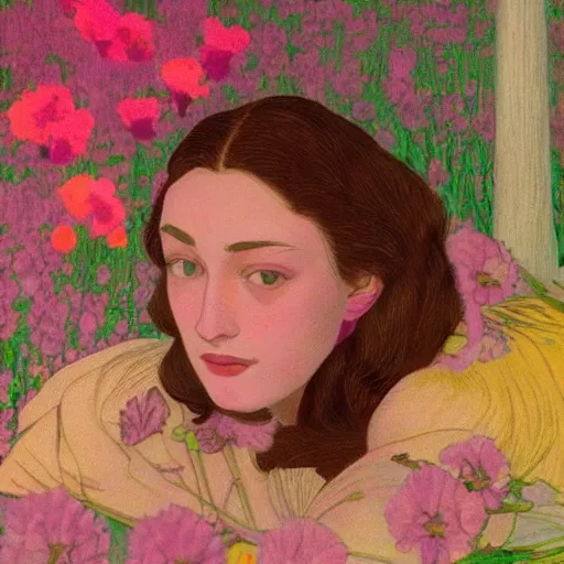 Image similar to a lot of flowers morphing in a beautiful girls face, film still by wes anderson, depicted by balthus, limited color palette, very intricate, art nouveau, highly detailed, lights by hopper, soft pastel colors, minimalist