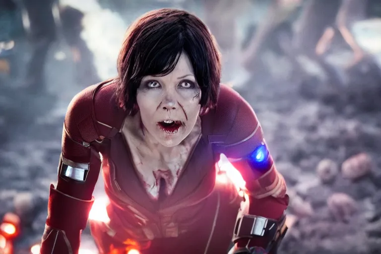 Image similar to film still of zombie zombie Hope Van Dyne The Wasp as a zombie in new avengers movie, 4k